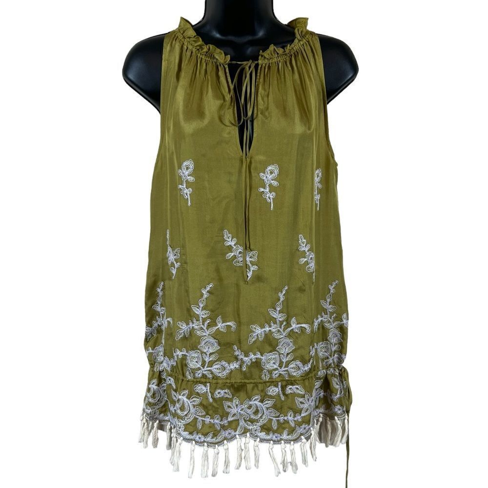 David Meister Chartreuse Embroidered Tunic Top Silk Shift Mini Dress